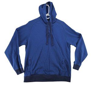 CHAPS Sweatshirt Men's Long Sleeve Hooded Striped Pullover Snaps Blue Large